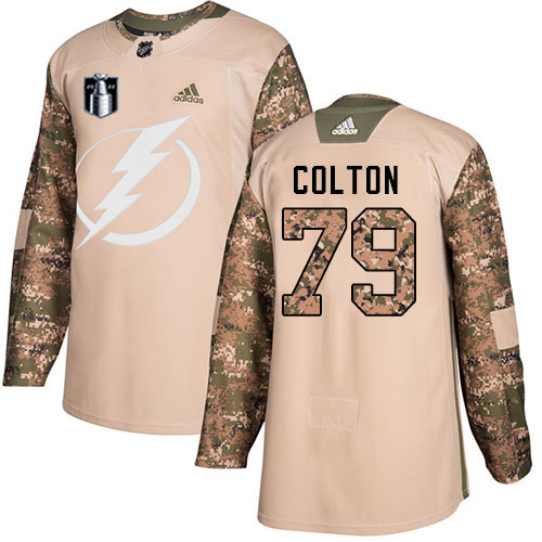 Adidas Tampa Bay Lightning #79 Ross Colton Camo Authentic 2022 Stanley Cup Final Patch Veterans Day Stitched Youth NHL Jersey Youth