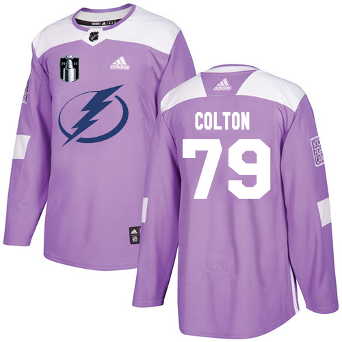 Adidas Tampa Bay Lightning #79 Ross Colton Purple Authentic 2022 Stanley Cup Final Patch Fights Cancer Stitched Youth NHL Jersey Youth