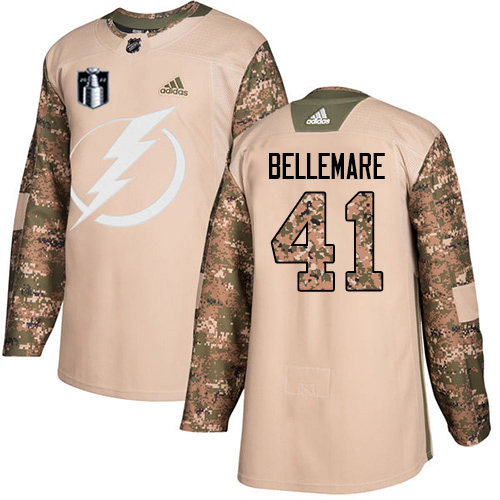 Adidas Tampa Bay Lightning #41 Pierre-Edouard Bellemare Camo Authentic 2022 Stanley Cup Final Patch Veterans Day Stitched Youth NHL Jersey Youth