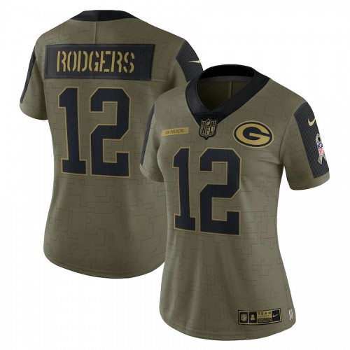 Green Bay Green Bay Packers #12 Aaron Rodgers Olive Nike Women’s 2021 Salute To Service Limited Player Jersey Womens