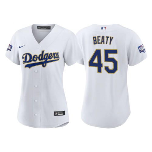 Los Angeles Los Angeles Dodgers #45 Matt Beaty Women’s Nike 2021 Gold Program World Series Champions MLB Jersey Whtie Womens