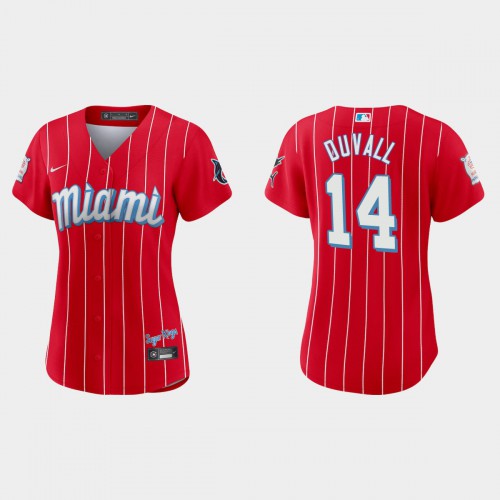 Miami Miami Marlins #14 Adam Duvall Women’s Nike 2021 City Connect Authentic MLB Jersey Red Womens