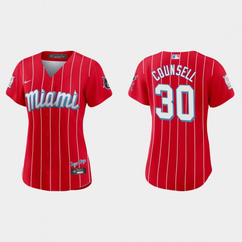 Miami Miami Marlins #30 Craig Counsell Women’s Nike 2021 City Connect Authentic MLB Jersey Red Womens