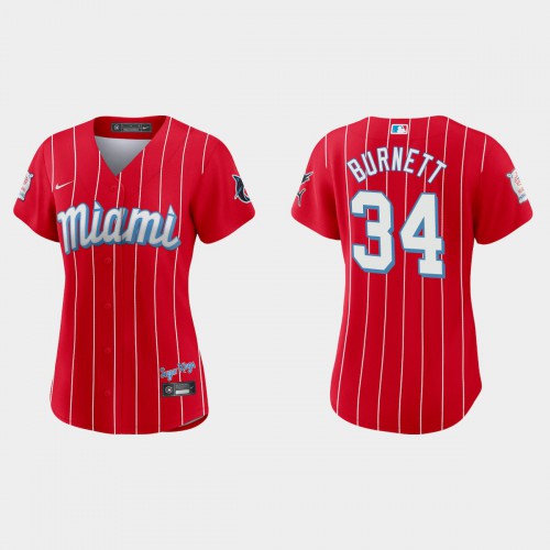 Miami Miami Marlins #34 A.J. Burnett Women’s Nike 2021 City Connect Authentic MLB Jersey Red Womens