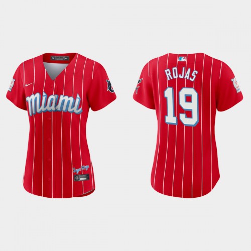 Miami Miami Marlins #19 Miguel Rojas Women’s Nike 2021 City Connect Authentic MLB Jersey Red Womens