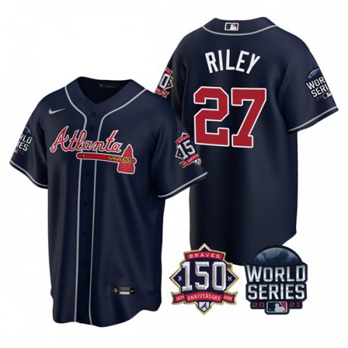 Atlanta Atlanta Braves #27 Austin Riley Nike 150th Anniversary 2021 World Series Youth MLB Jersey – Navy Youth