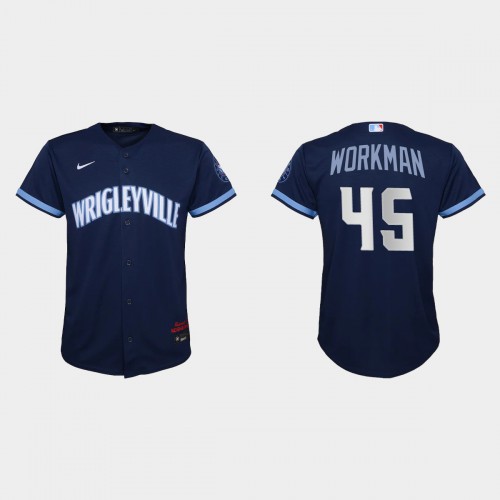 Chicago Chicago Cubs #45 Brandon Workman Youth Nike 2021 City Connect Navy MLB Jersey Youth