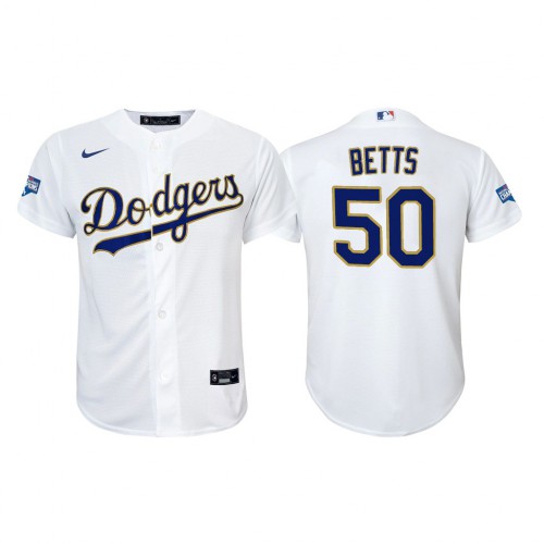Los Angeles Los Angeles Dodgers #50 Mookie Betts Youth Nike 2021 Gold Program World Series Champions MLB Jersey Whtie Youth