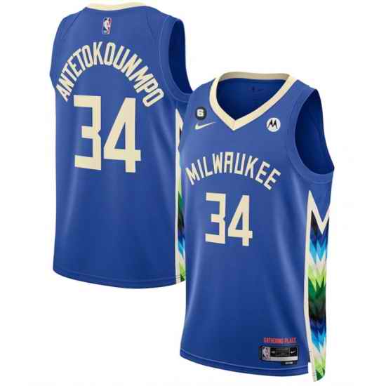 Men Milwaukee Bucks 34 Giannis Antetokounmpo Blue 2022 23 City Edition With NO #6 Patch Stitched Basketball Jersey