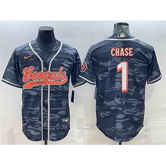 Men Cincinnati Bengals #1 Ja 27Marr Chase Grey Camo With Patch Cool Base Stitched Baseball Jersey