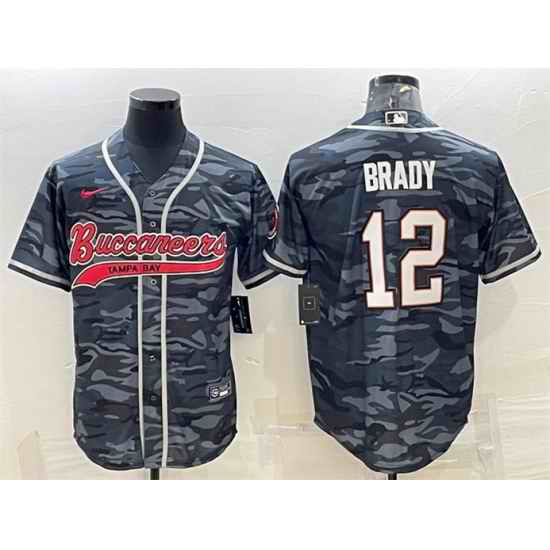 Men Tampa Bay Buccaneers #12 Tom Brady Grey Camo With Patch Cool Base Stitched Baseball Jersey