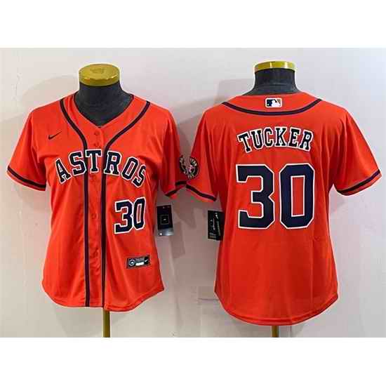 Women Houston Astros #30 Kyle Tucker Orange With Patch Cool Base Stitched Baseball Jerseys