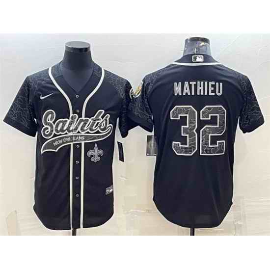 Men New Orleans Saints #32 Tyrann Mathieu Black Reflective With Patch Cool Base Stitched Baseball Jersey
