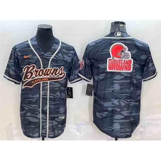 Men Cleveland Browns Grey Camo Team Big Logo With Patch Cool Base Stitched Baseball Jersey