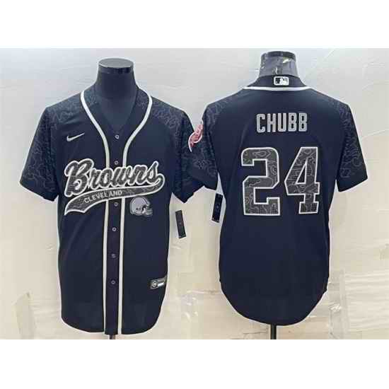 Men Cleveland Browns #24 Nick Chubb Black Reflective With Patch Cool Base Stitched Baseball Jersey