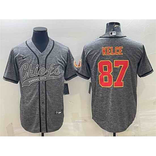 Men Kansas City Chiefs #87 Travis Kelce Grey With Patch Cool Base Stitched Baseball Jersey