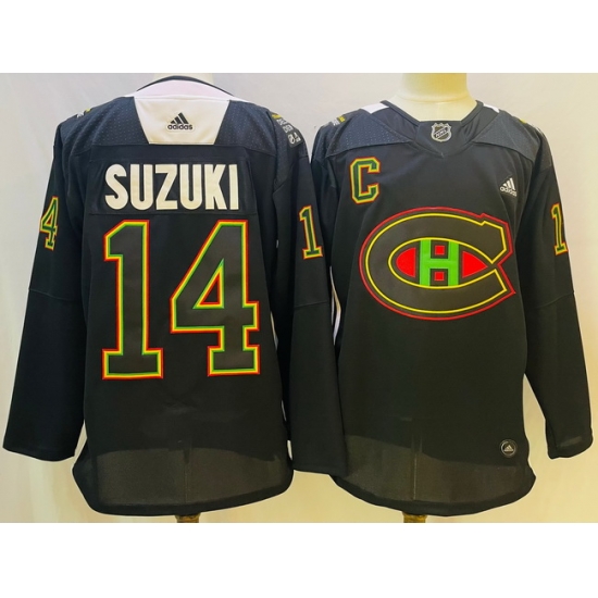 Men Montreal Canadiens #14 Nick Suzuki 2022 Black Warm Up History Night Stitched Jersey