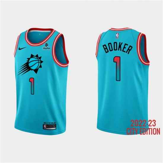 Men Phoenix Suns #1 Devin Booker Blue 2022 23 City Edition With Black Payple Logo Stitched Basketball Jersey