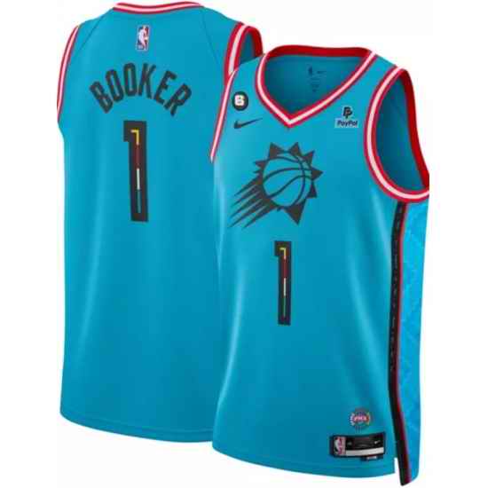Men Phoenix Suns #1 Devin Booker Blue 2022 23 City Edition With NO 6 And Payple Patch Stitched Basketball Jersey