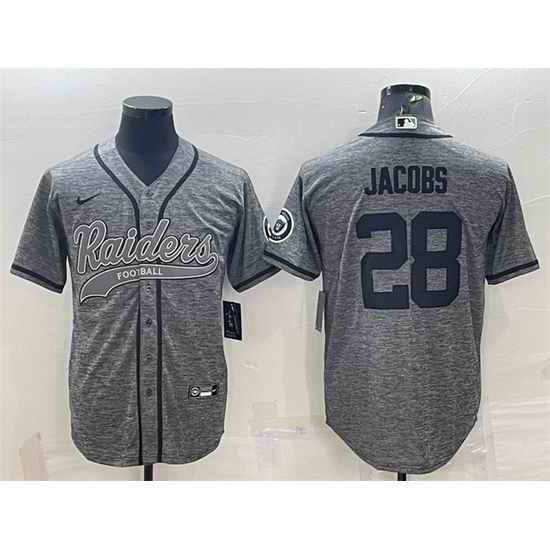 Men Las Vegas Raiders #28 Josh Jacobs Grey With Patch Cool Base Stitched Baseball Jersey