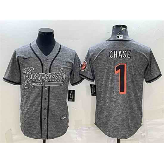 Men Cincinnati Bengals #1 Ja 27Marr Chase Grey With Patch Cool Base Stitched Baseball Jersey
