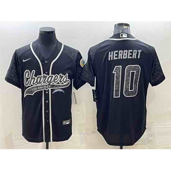 Men Los Angeles Chargers #10 Justin Herbert Black Reflective With Patch Cool Base Stitched Baseball Jersey