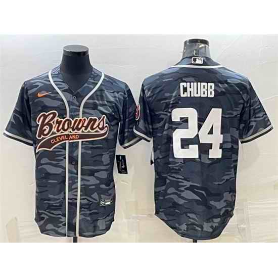 Men Cleveland Browns #24 Nick Chubb Grey Camo With Patch Cool Base Stitched Baseball Jersey