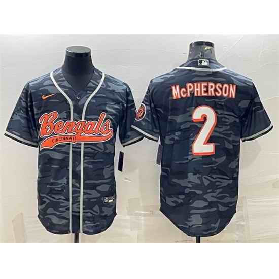 Men Cincinnati Bengals #2 Evan McPherson Grey Camo With Patch Cool Base Stitched Baseball Jersey