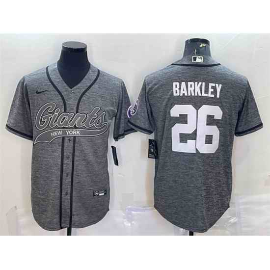 Men New York Giants #26 Saquon Barkley Grey With Patch Cool Base Stitched Baseball Jersey