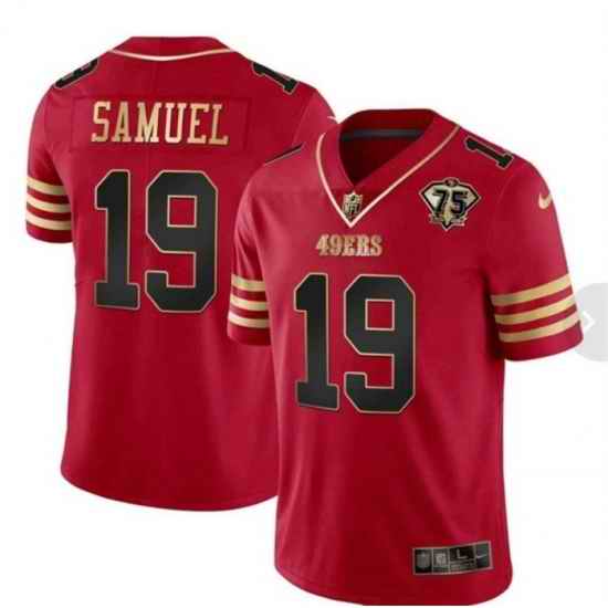 Men San Francisco 49ers #19 Deebo Samuel Red With 75th Anniversary Patch Stitched Football Jersey