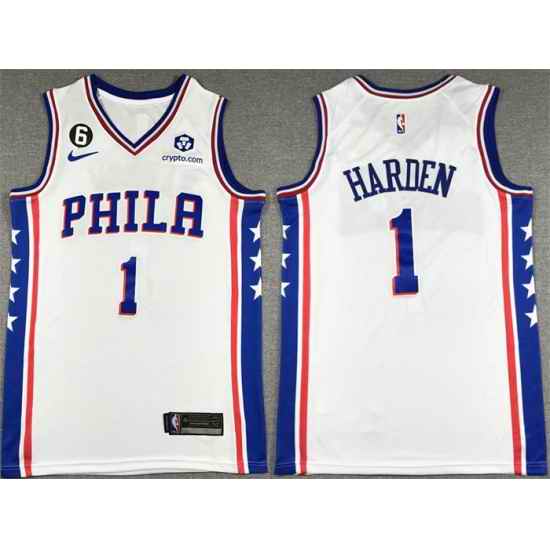 Men Philadelphia 76ers #1 James Harden White With NO 6 Patch Stitched Jersey