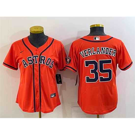 Women Houston Astros #35 Justin Verlander Orange With Patch Cool Base Stitched Baseball Jersey