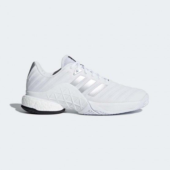 Mens White/Matte Silver Adidas Barricade 2018 Boost Tennis Shoes 460OKJAL