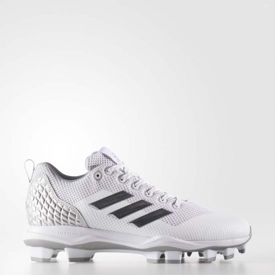Mens White/Metallic Silver/Silver Adidas Poweralley 5 Tpu Cleats Baseball Shoes 571AVJFQ