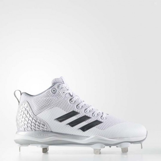 Mens White/Metallic Silver/Silver Adidas Poweralley 5 Mid Cleats Baseball Shoes 571OXEVQ