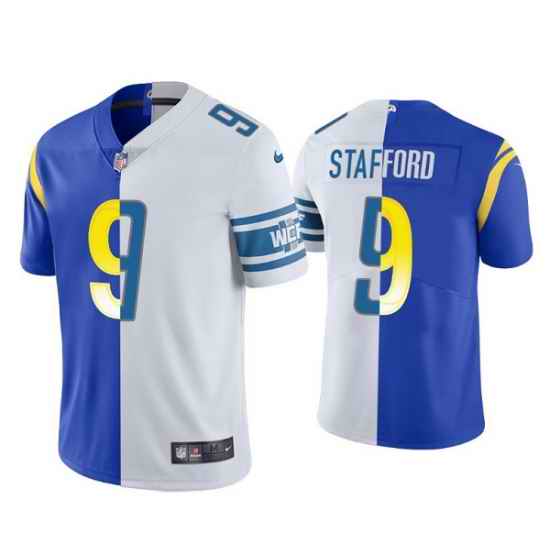 Men Los Angeles Rams #9 Matthew Stafford Royal White Split Stitched Football Jerse->hall of fame 50th patch->NFL Jersey