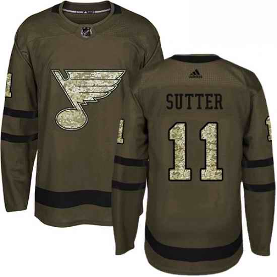 Mens Adidas St Louis Blues #11 Brian Sutter Authentic Green Salute to Service NHL Jersey->st.louis blues->NHL Jersey