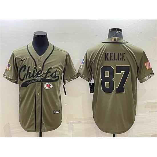 Men Kansas City Chiefs #87 Travis Kelce 2022 Olive Salute To Service Cool Base Stitched Baseball Jersey