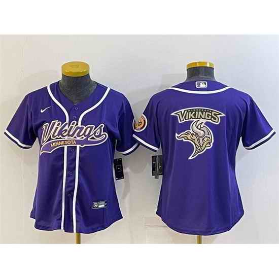 Women Minnesota Vikings Purple Team Big Logo With Patch Cool Base Stitched Baseball Jersey->women nfl jersey->Women Jersey