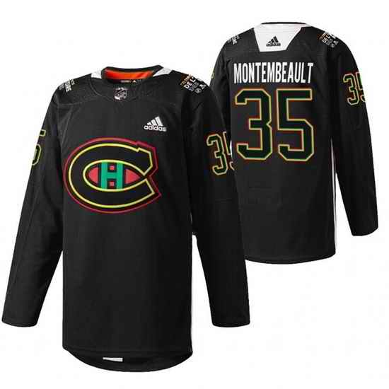 Men Montreal Canadiens #35 Sam Montembeault 2022 Black Warm Up History Night Stitched Jerse->montreal canadiens->NHL Jersey