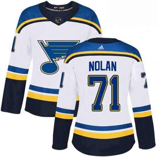 Womens Adidas St Louis Blues #71 Jordan Nolan Authentic White Away NHL Jersey->women nhl jersey->Women Jersey