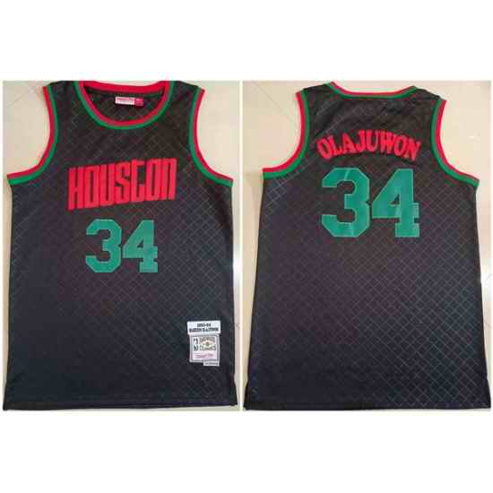 Men Houston Rockets #34 Hakeem Olajuwon Black 1993 94 Throwback Stitched Jersey->houston rockets->NBA Jersey