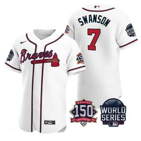 Men Atlanta Braves #7 Dansby Swanson 2021 White World Series With 150th Anniversary Patch Stitched Baseball Jersey->2021 world series->MLB Jersey