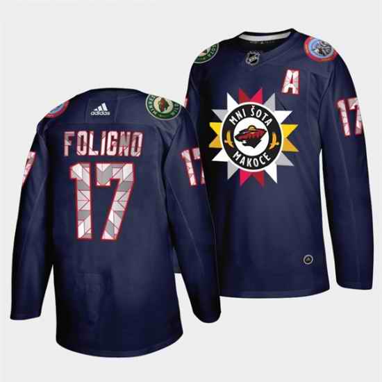 Men Minnesota Wild #17 Marcus Foligno 2021 22 Navy Native American Heritage Day Stitched Jersey->minnesota wild->NHL Jersey