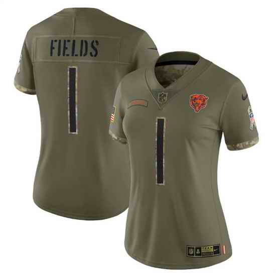 Women Chicago Bears #1 Justin Fields 2022 Olive Salute To Service Limited Stitched Jersey->women nfl jersey->Women Jersey