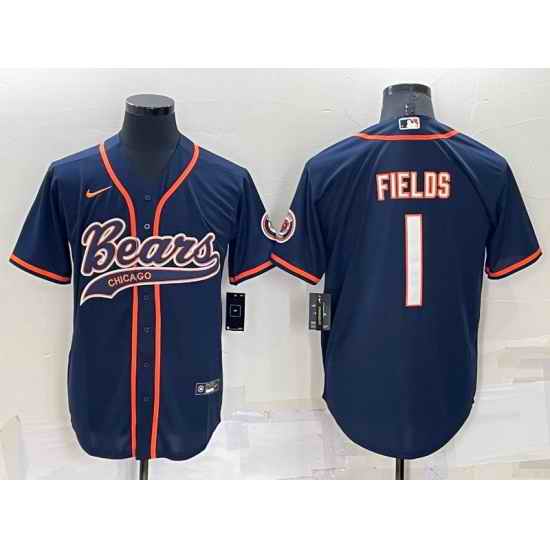 Men Chicago Bears #1 Justin Fields Navy Cool Base Stitched Baseball Jersey->chicago bears->NFL Jersey