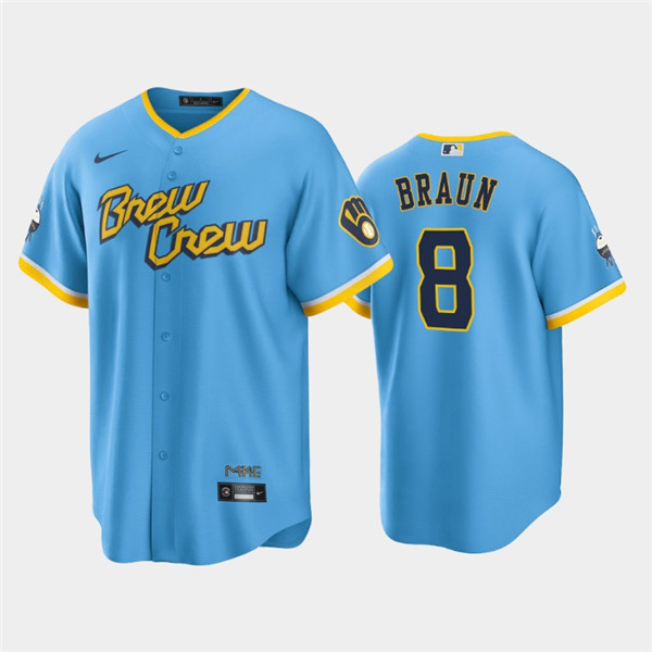 Men's Milwaukee Brewers #8 Ryan Braun Powder Blue 2022 City Connect Cool Base Stitched Jersey->milwaukee brewers->MLB Jersey