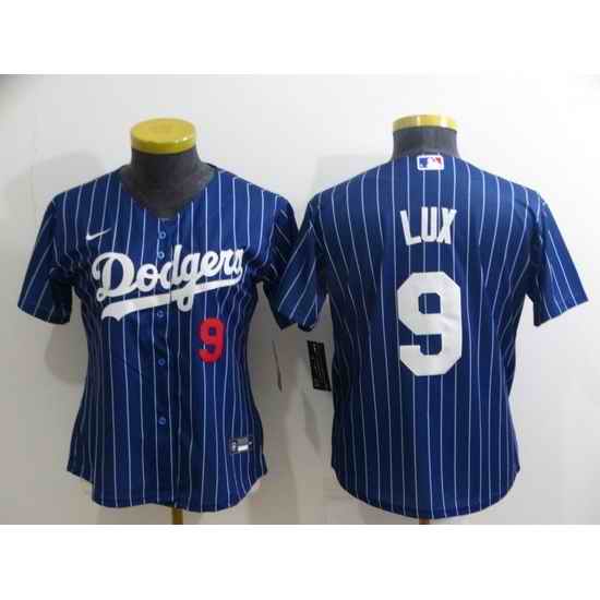 Women's Los Angeles Dodgers #9 Gavin Lux Navy Blue Pinstripe Stitched MLB Cool Base Nike Jersey->women mlb jersey->Women Jersey