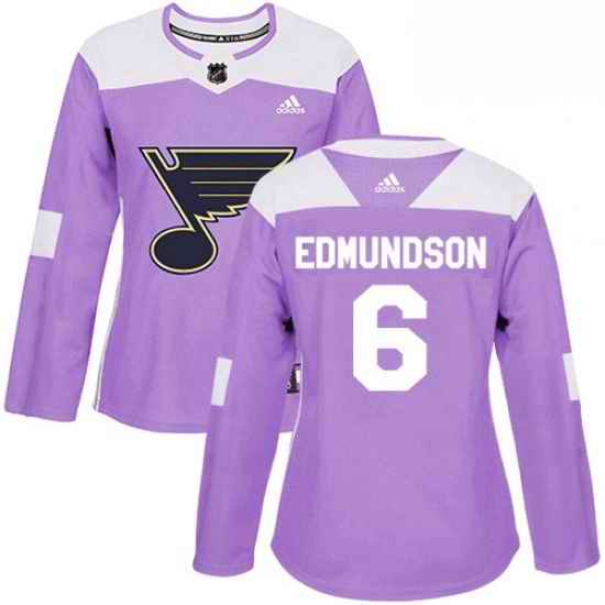 Womens Adidas St Louis Blues #6 Joel Edmundson Authentic Purple Fights Cancer Practice NHL Jersey->women nhl jersey->Women Jersey