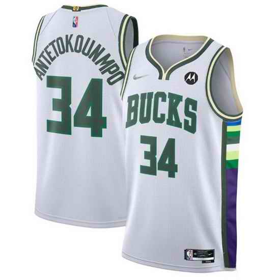 Men's Milwaukee Bucks #34 Giannis Antetokounmpo White 2021 #22 75th Anniversary Swingman City Edition Stitched Jersey->milwaukee bucks->NBA Jersey